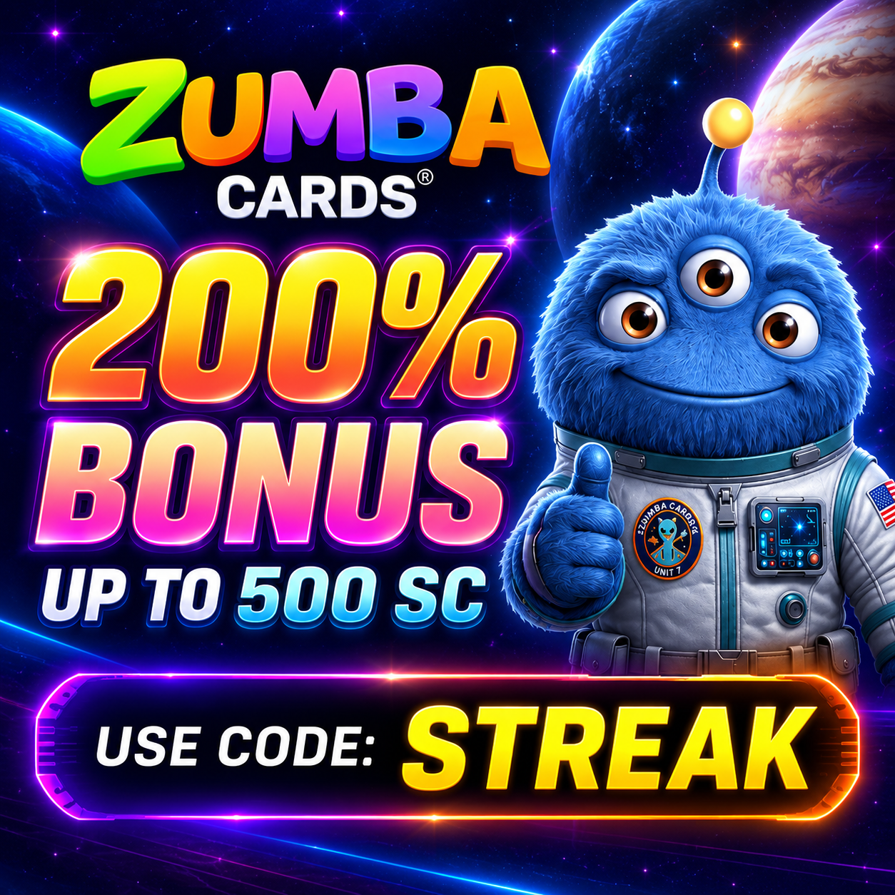 Zumba Cards 200 percent bonus up to 500 SC use code STREAK